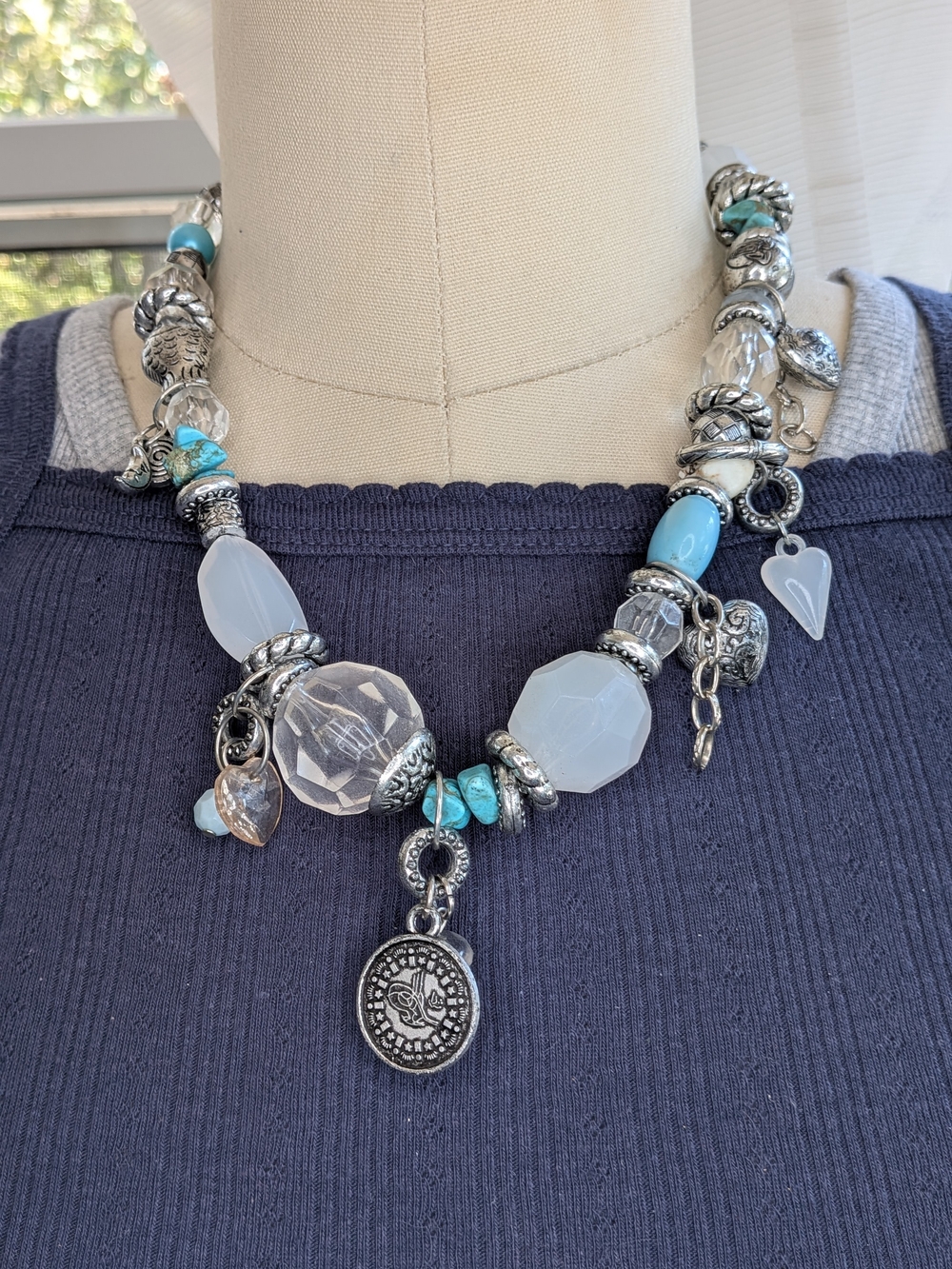 Silver & Turquoise Beaded Charm Necklace - Women Jewelry